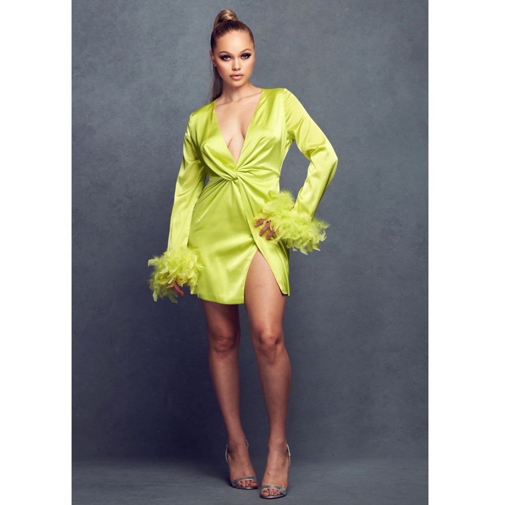 Elegant Lime Green Mini Dress with Feather Cuffs
